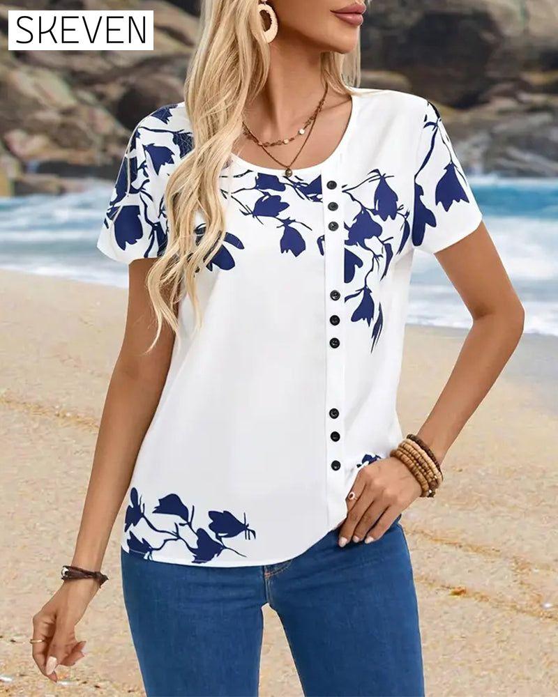 Casual Round Neck Irregular Print T-Shirt