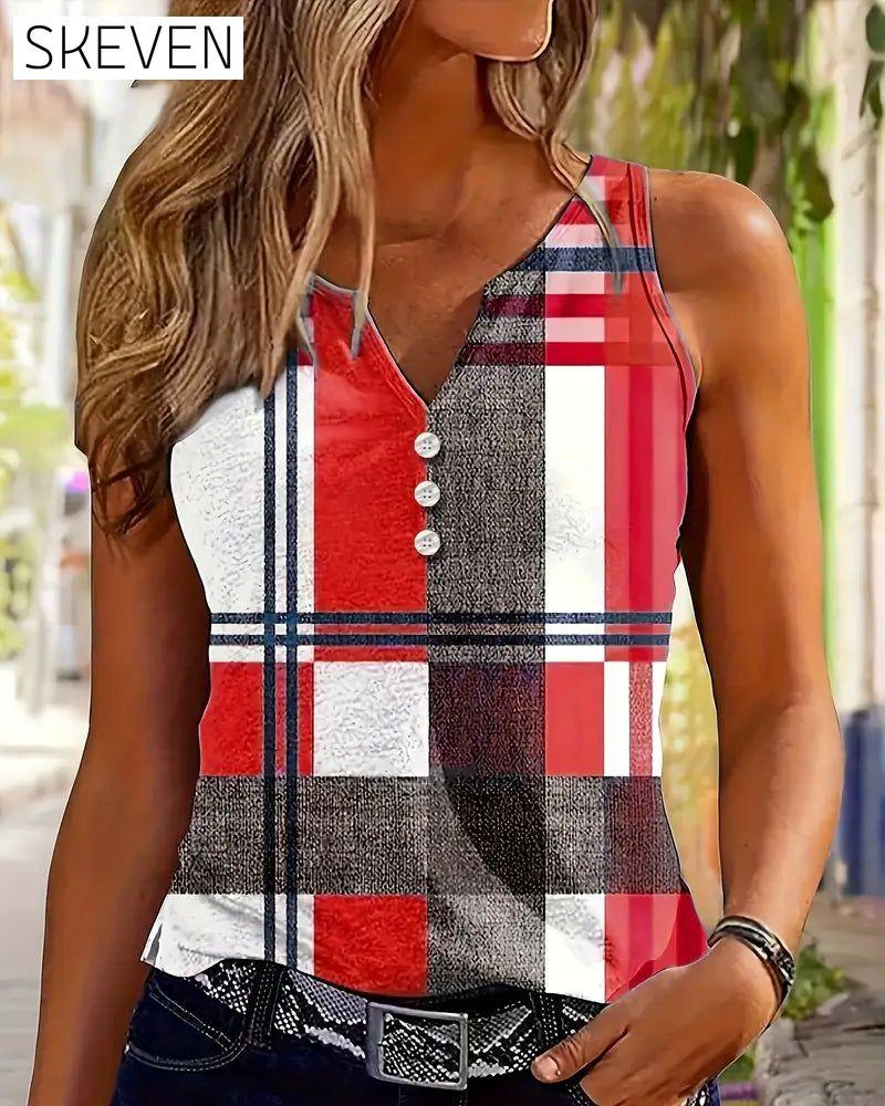 Sleeveless Printed Plaid Tank Top