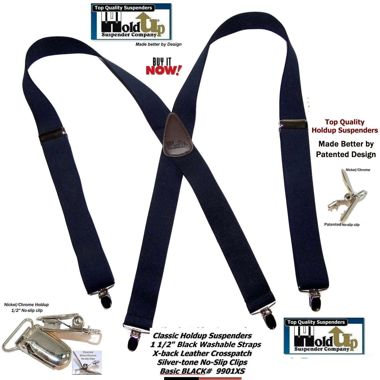 Holdup Suspender Brand 1 1/2" Wide Classic X-back Black Suspenders with no-slip USA Patented clips