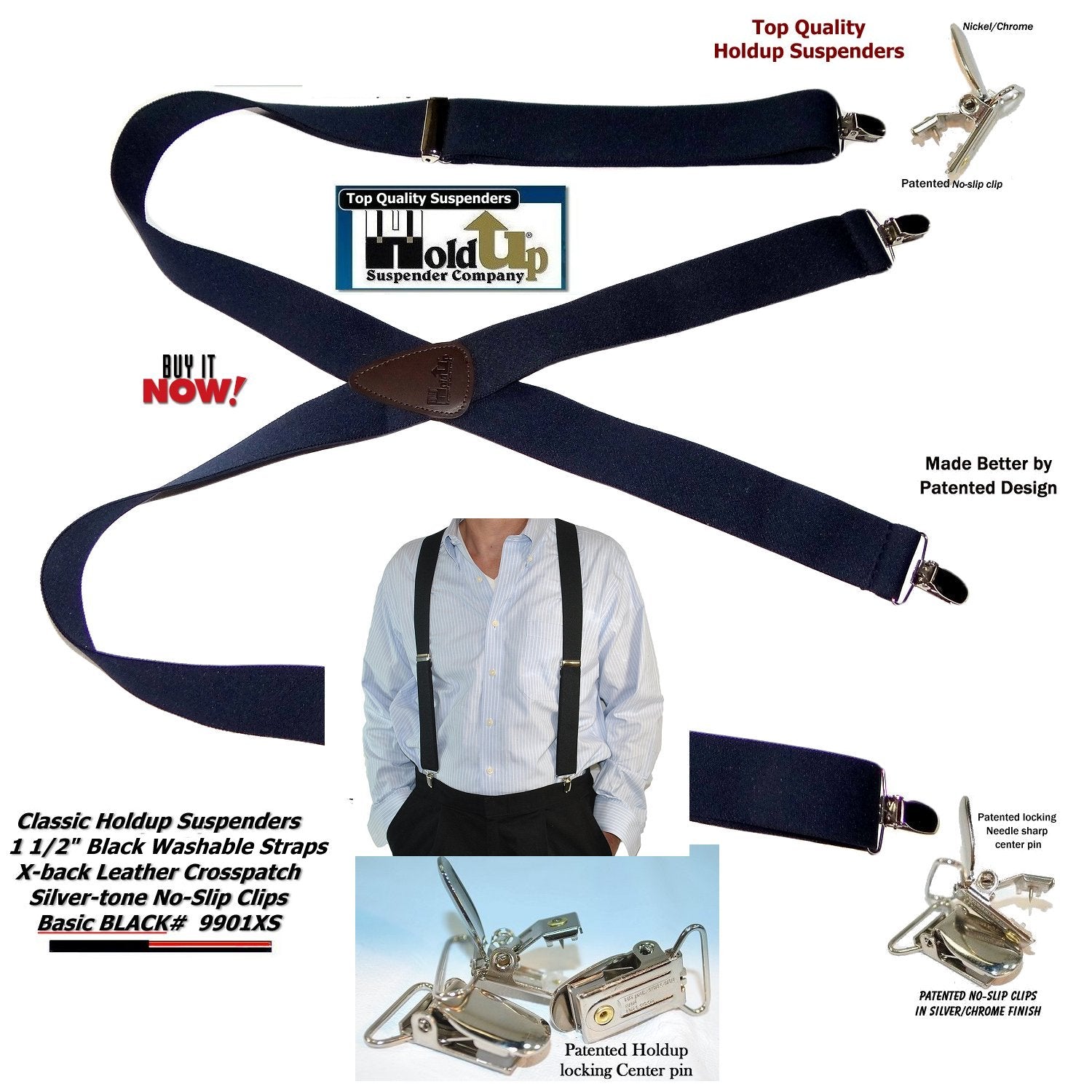 Holdup Suspender Brand 1 1/2" Wide Classic X-back Black Suspenders with no-slip USA Patented clips