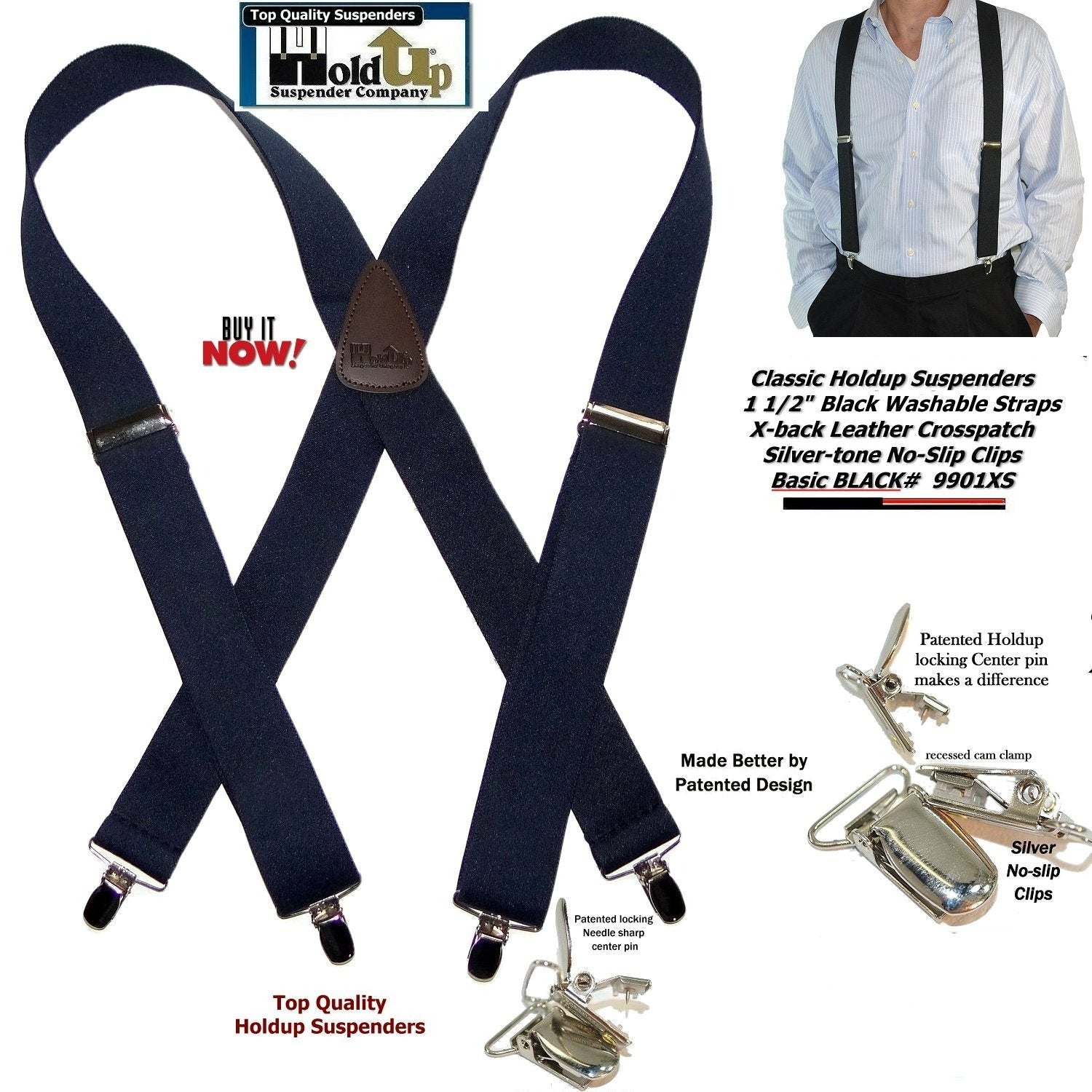 Holdup Suspender Brand 1 1/2" Wide Classic X-back Black Suspenders with no-slip USA Patented clips