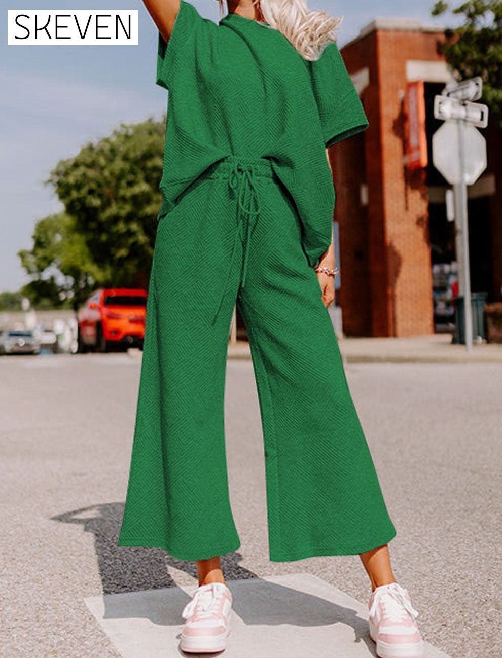 Dark Green Textured Loose Fit T Shirt and Drawstring Pants Set 2 pieces Best Sellers clothes EDM Homewear EDM Monthly Recomend Fabric Ribbed lounge wear Occasion Home pants set Print Solid Color Season Summer sets Silhouette Wide Leg Style Casual