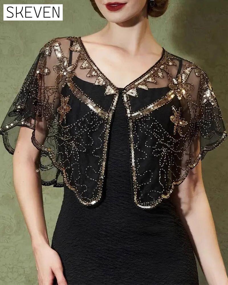 Châle vintage en dentelle orné de perles