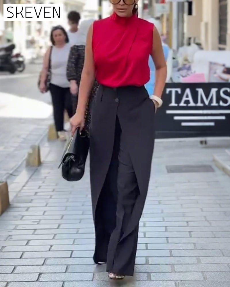 Pantalon asymétrique à jambes larges et superposées