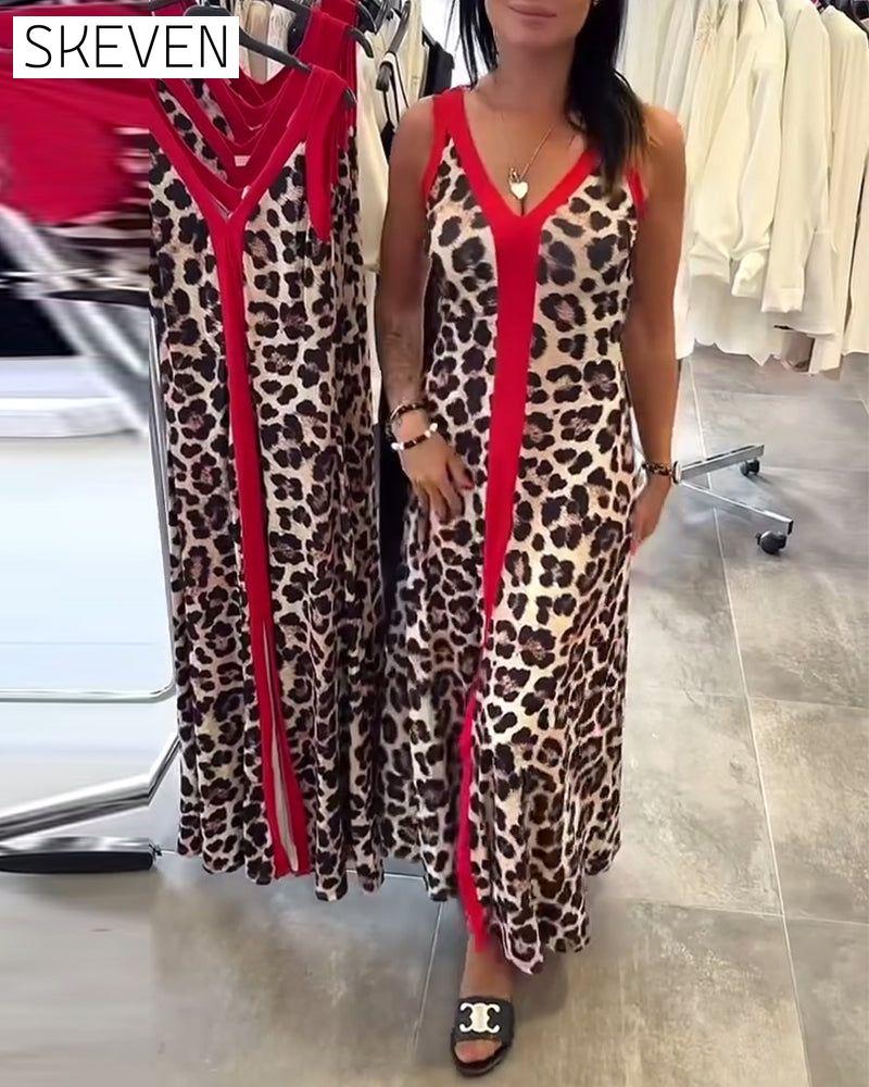 Sleeveless Elegant Leopard Print Contrast Dress
