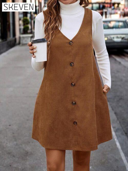 V-Neck Buttoned Tank Dress Bigh casual dresses clothes dress dresses Ship From Overseas short dresses