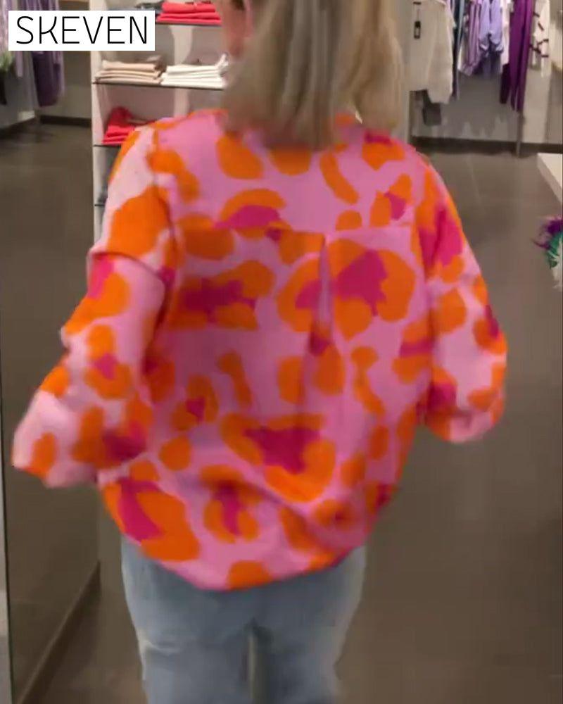 Printed V-neck lantern sleeve casual top