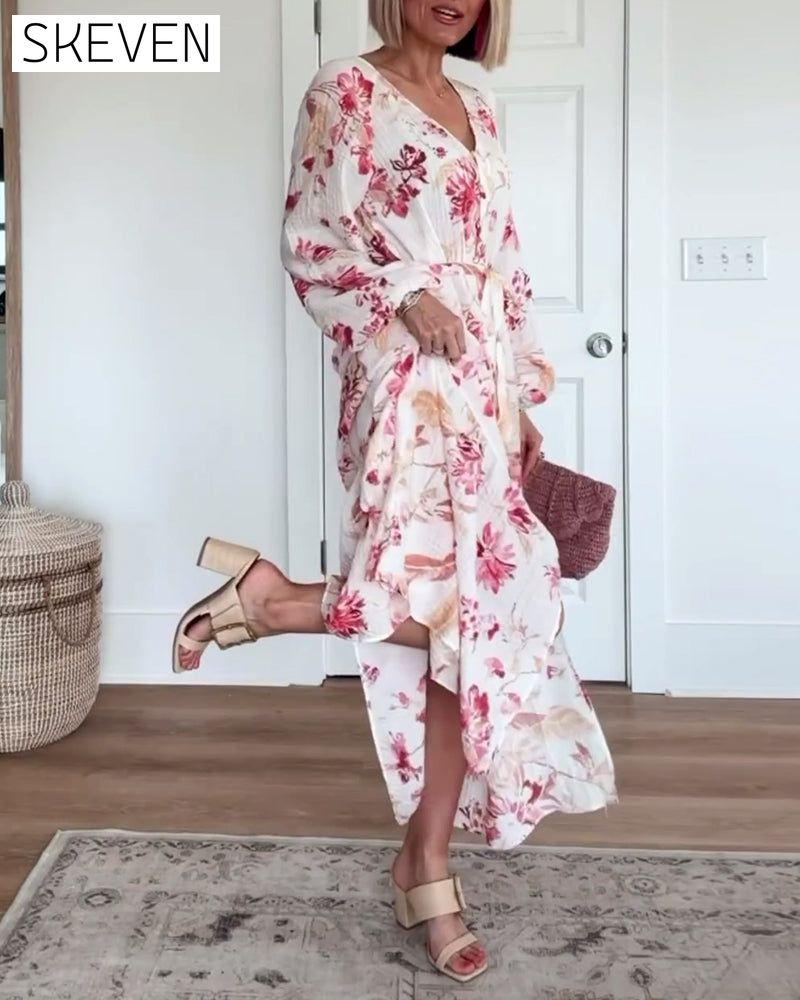 Robe élégante à imprimé floral, manches cloche et lacets