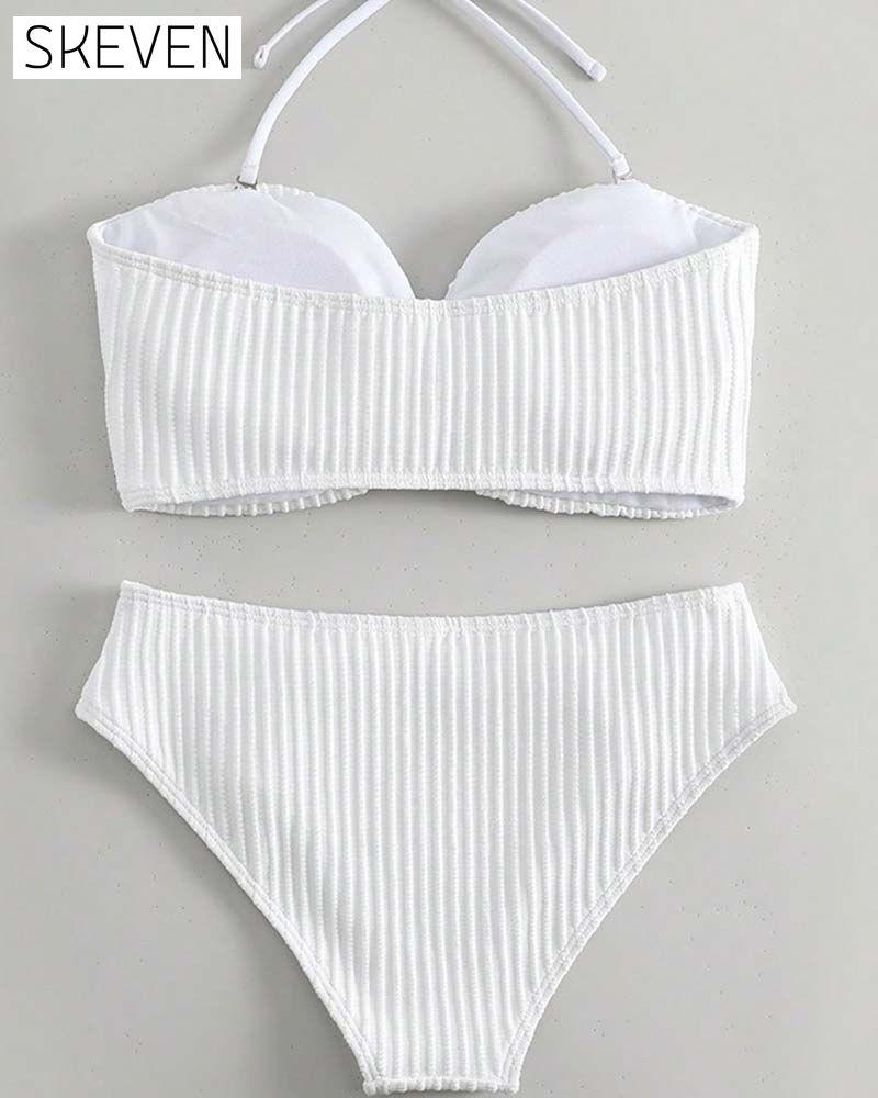 Halter Solid Color Striped Swimsuit