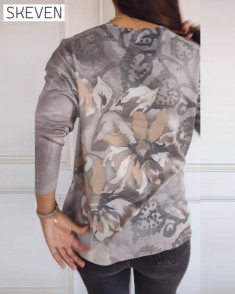 Vintage-Top mit Blumenmuster, V-Ausschnitt und langen Ärmeln
