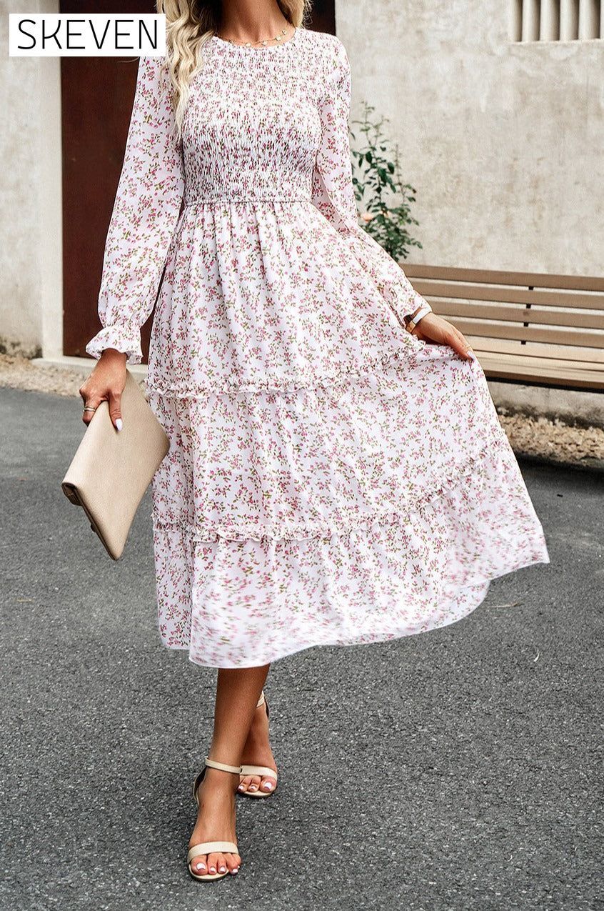 Smocked Flounce Sleeve Midi Dress clothes DY Ship From Overseas trendsi