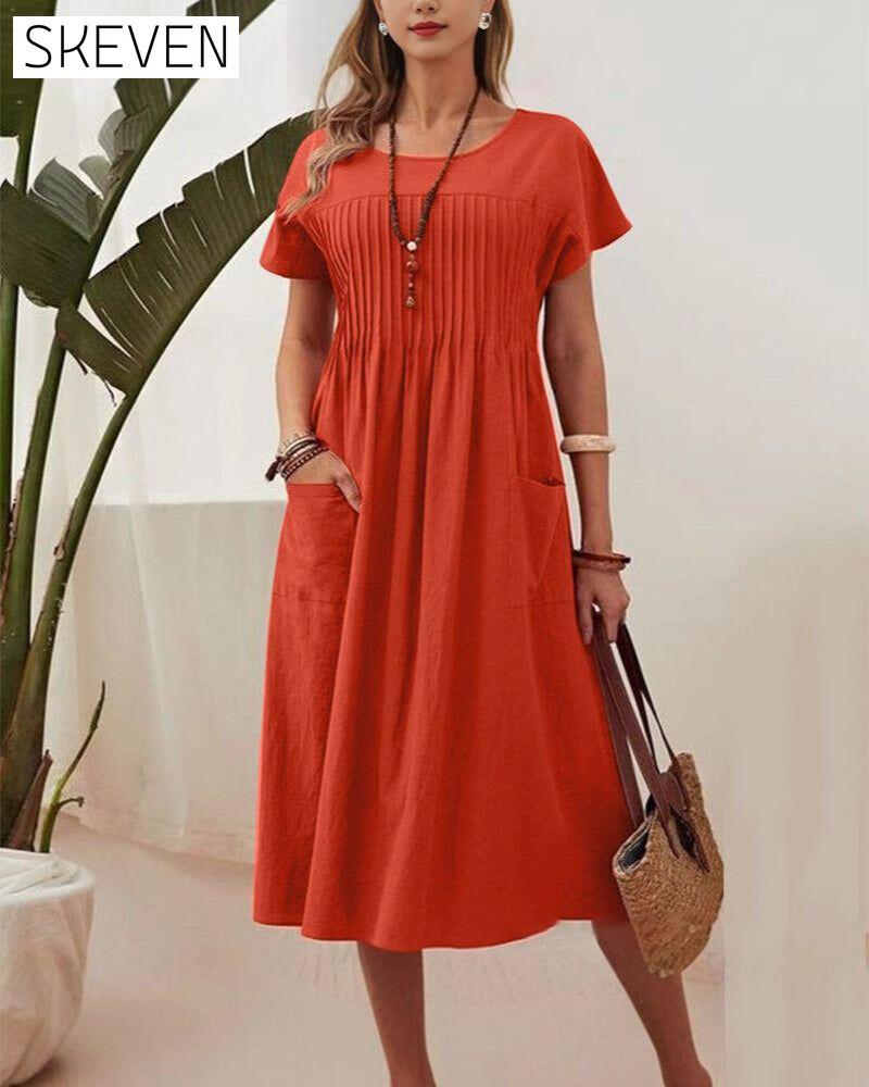 Pleated Short Sleeve Cotton And Linen Dress