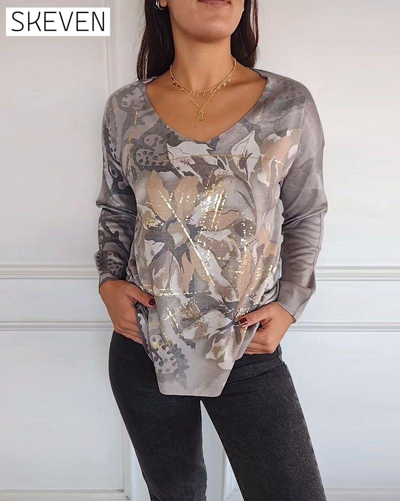 Vintage-Top mit Blumenmuster, V-Ausschnitt und langen Ärmeln