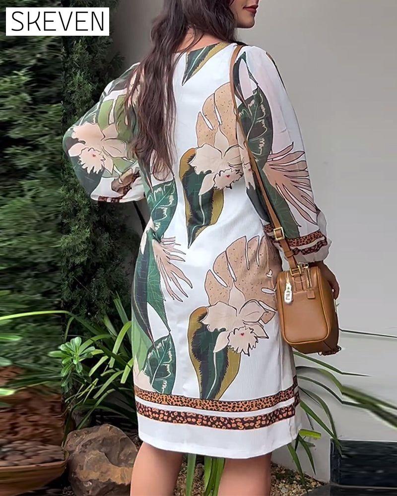 Leaf print round neck lantern sleeve dress casual dresses spring summer