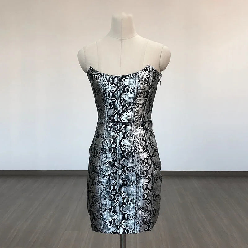 Snakeskin Print Strapless Bodycon Mini Dress