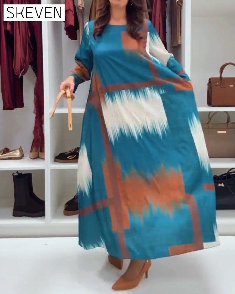 Modisches bedrucktes Kleid mit Rundhalsausschnitt und langen Ärmeln