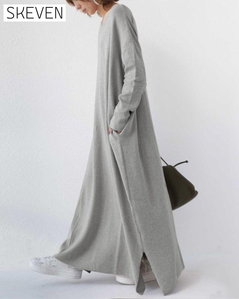 robe trapèze à manches longues et col en V