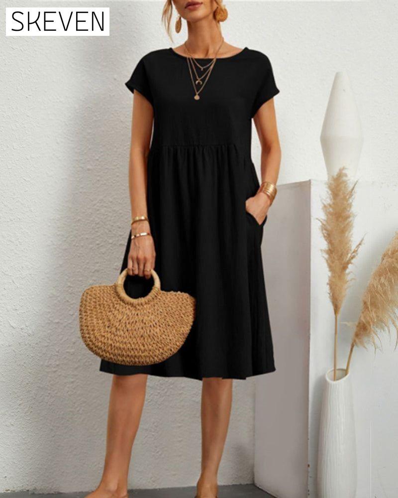 Round neck loose cotton and linen dress Black 23BF casual dresses Clothes Cotton and Linen discount Dresses Spring summer