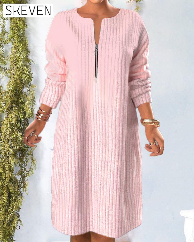 Solid Color Zipper Neck Dress