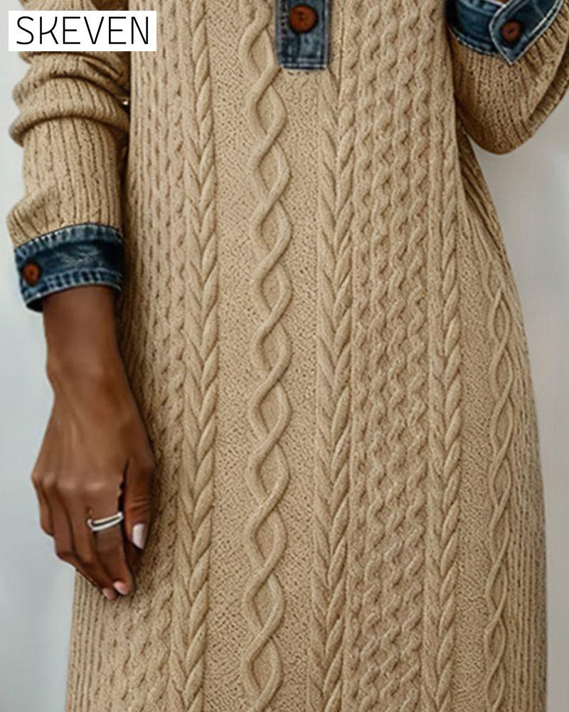 Denim cable knit patchwork collared dress