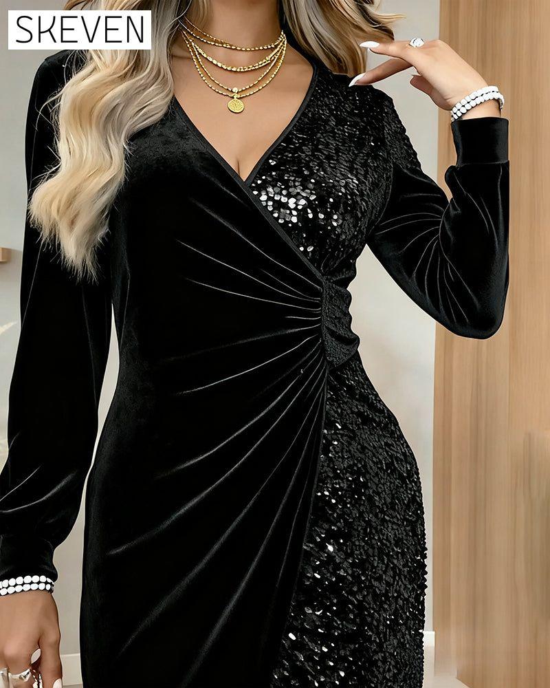 Sexy Pailletten-Samtkleid mit V-Ausschnitt