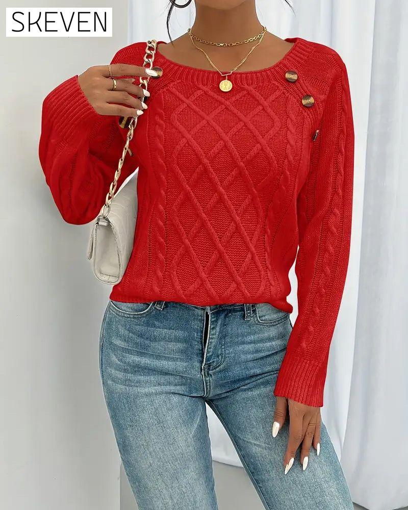 Solid Raglan Sleeve Buckle Cable Knit Jumper