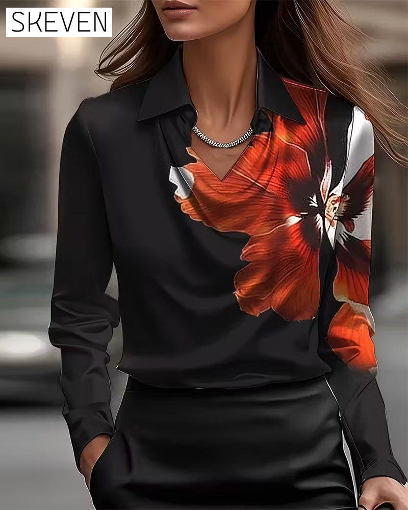 Lapel Straight Shoulder Printed Blouse