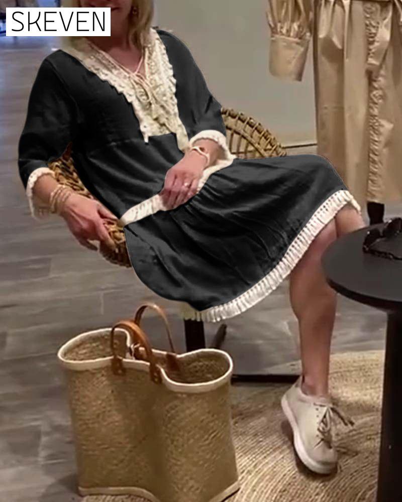 robe décontractée à franges et col en V en dentelle