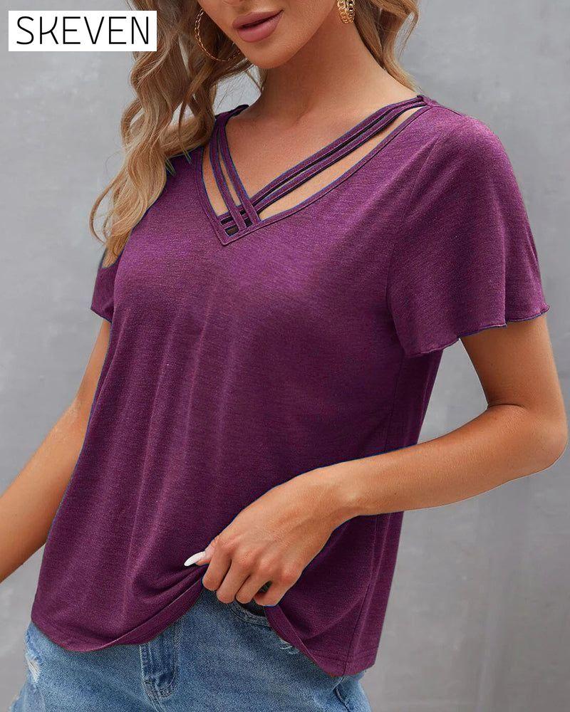 Solid color Cut Out T-shirt 23BF clothes Short Sleeve Tops Summer T-shirts Tops/Blouses