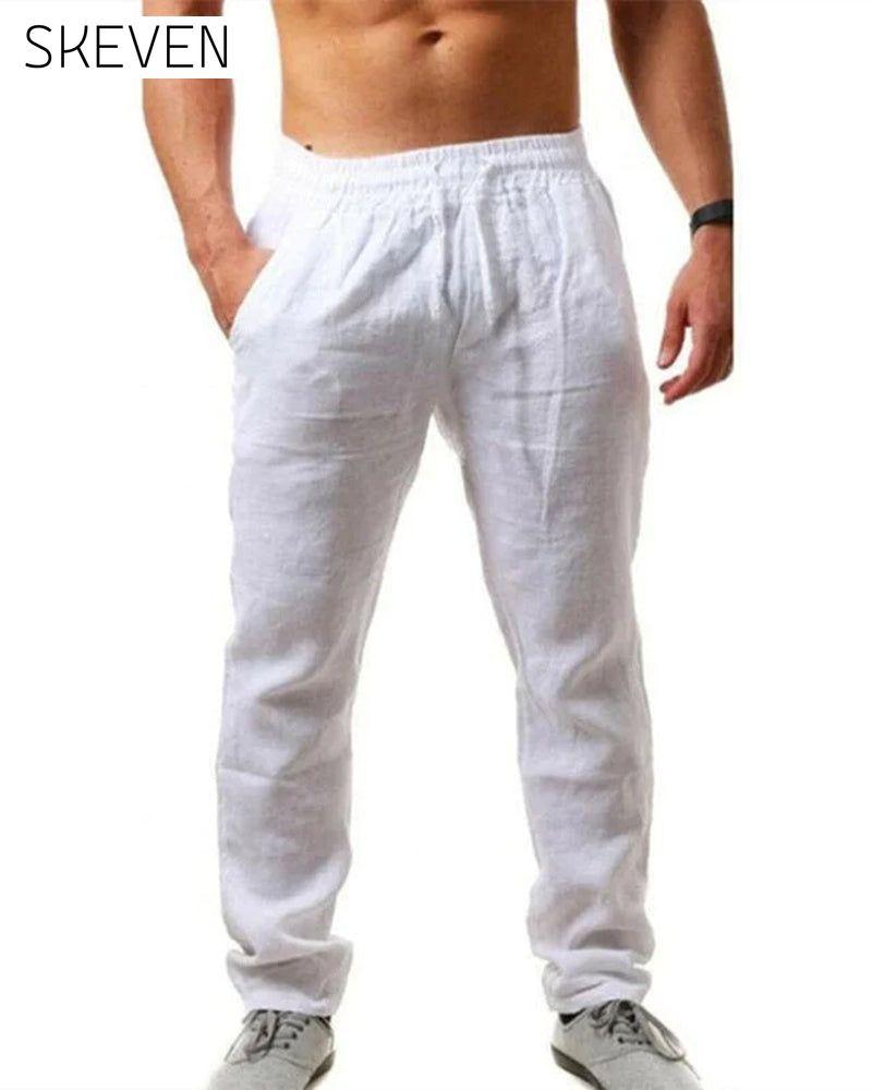 Pantalon en coton et lin respirant, couleur unie
