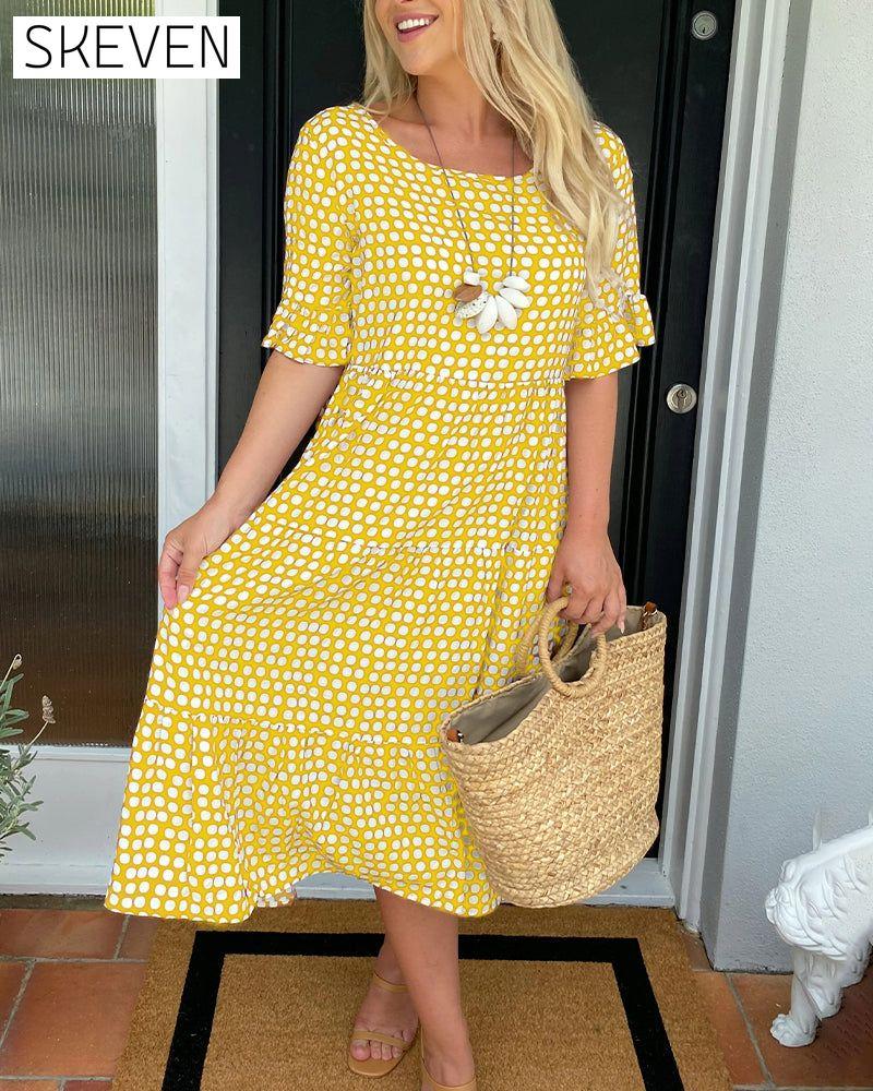Round neck polka dot print midi dress