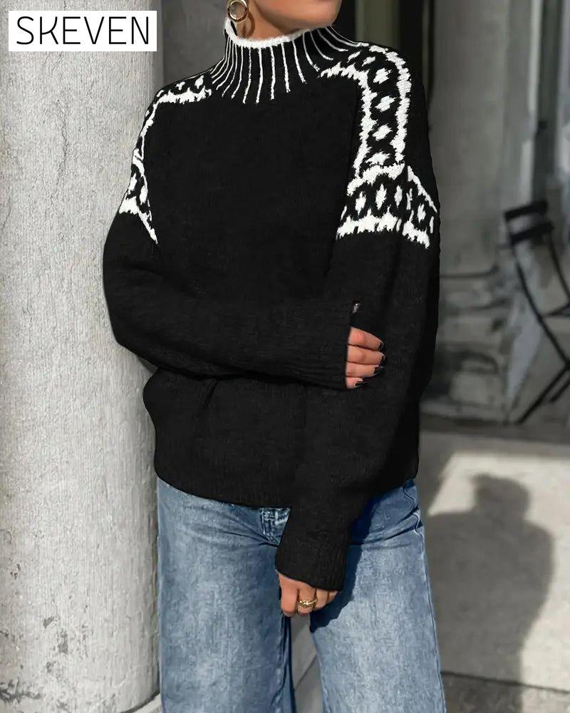 High Neck Patterned Contrast Jumper