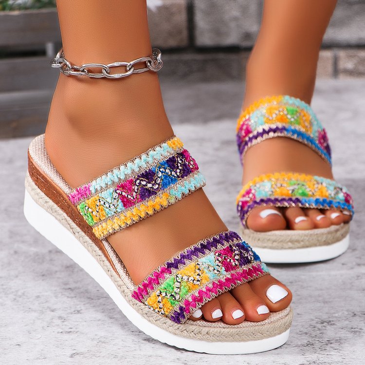 Wavy Pattern Woven Sandals Casual Style Sandals Wide Strap Wedges