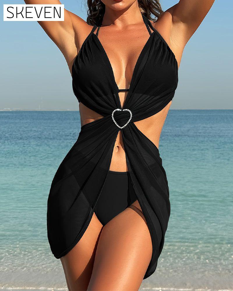 Romantic Heart Chiffon Cover-Up Swimsuit Three-Piece Set