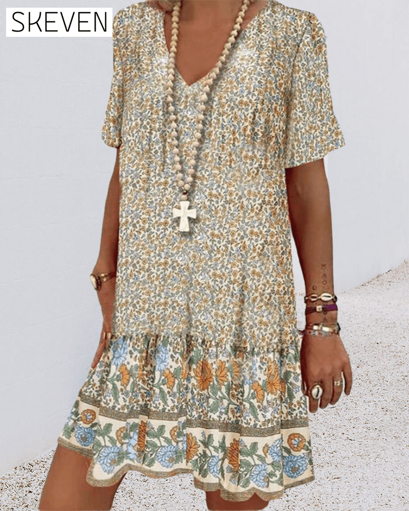 Floral print V-neck short-sleeve vacation dress casual dresses summer vacation dresses