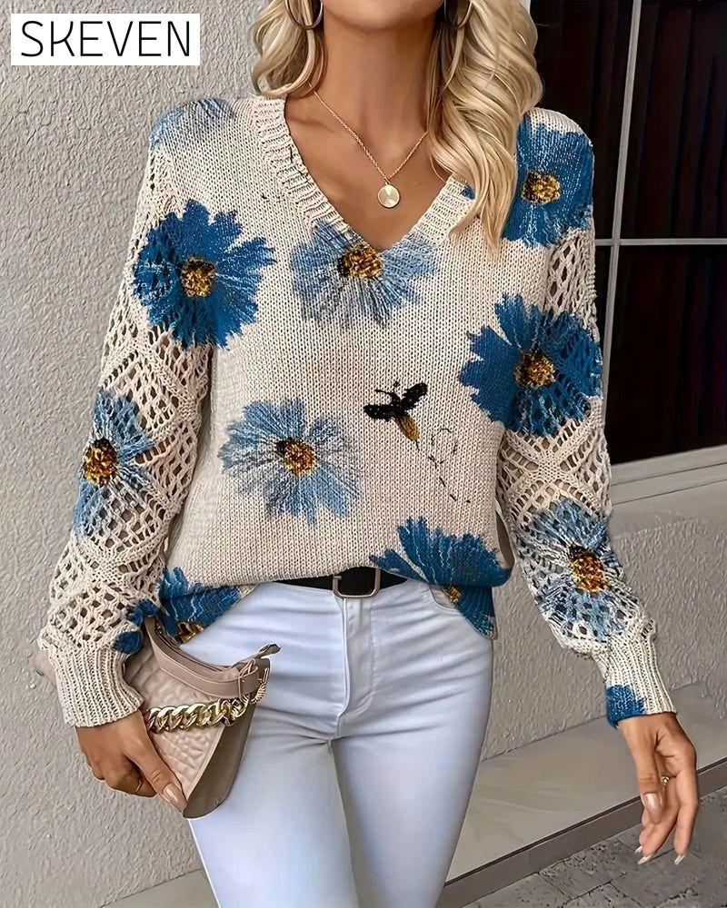 Long-Sleeved V-Neck Jacquard Pullover