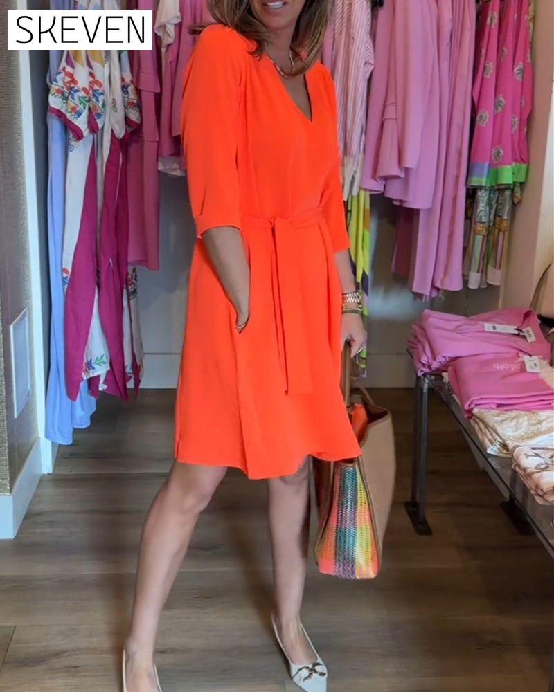Midi Sleeve Solid Color Dress with Belt