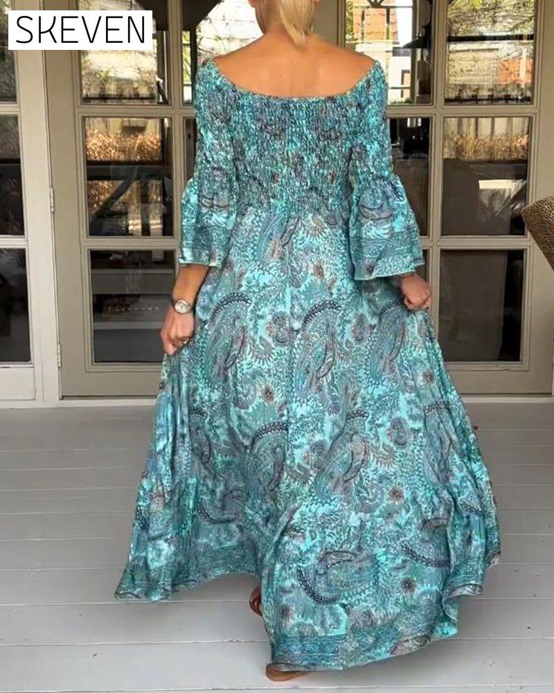 Elegant printed one-shoulder flare sleeve long dress