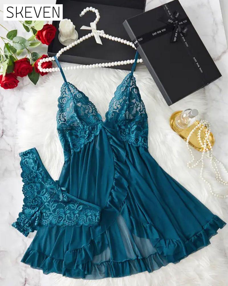 Ladies' Sexy Ruffle Trim Lace Cami Nightdress & Bow Decor Panty Set