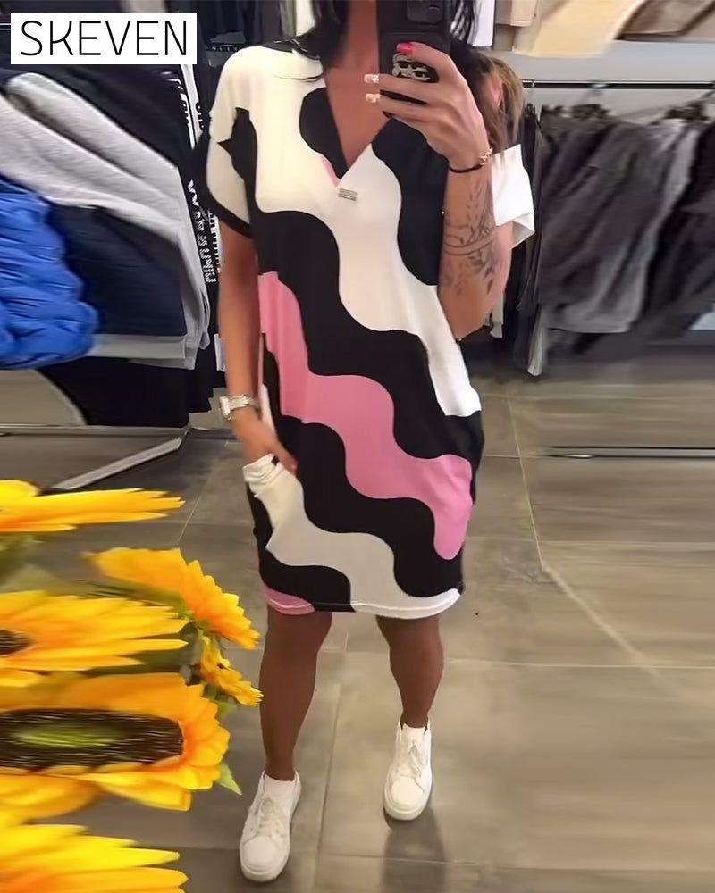 V-Neck Wave Print Dress