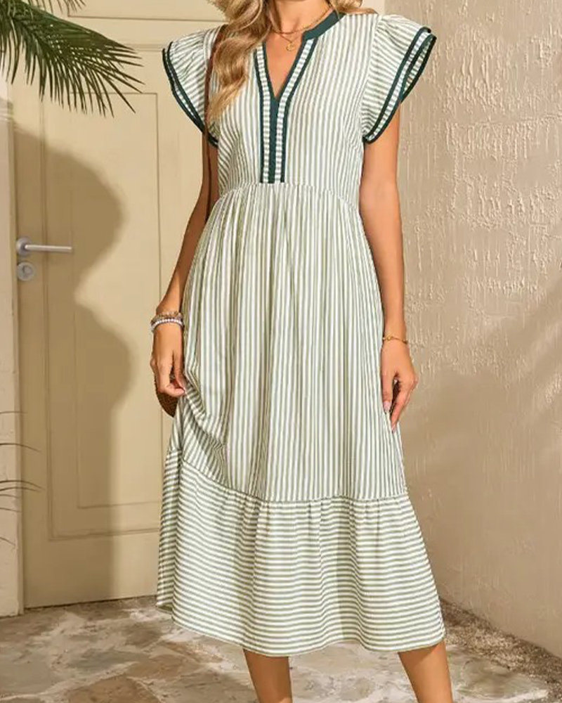 Striped Double Ruffle Short Sleeve Dress