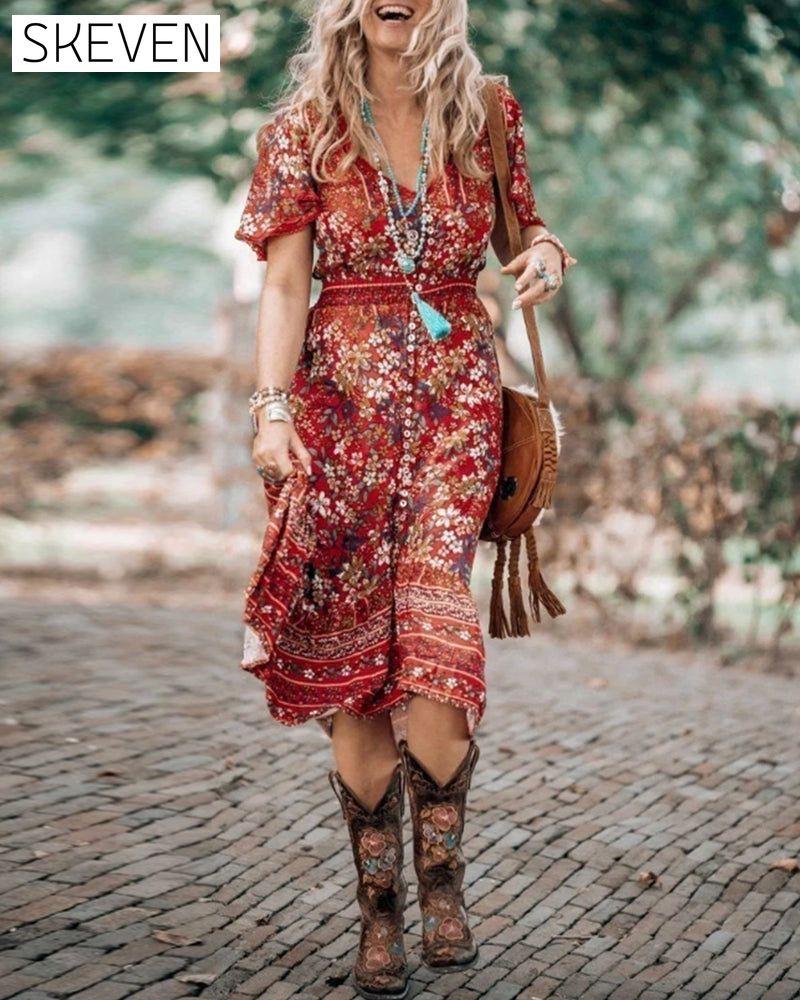 Boho printed short-sleeve slit dress 202466 boho dresses summer
