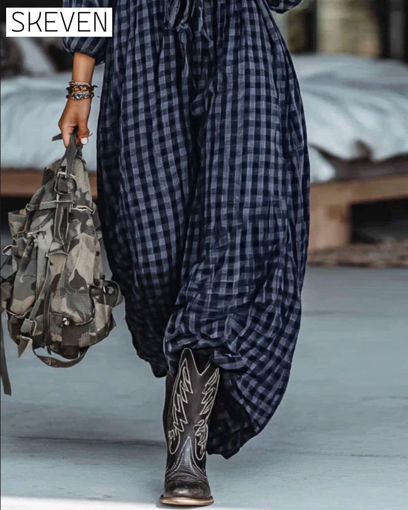 Fashionable Plaid Lapel Tie Dress