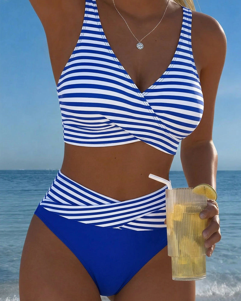 Cross-Striped Color-Block Bikini