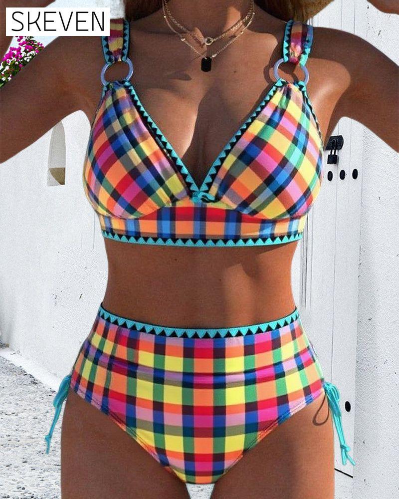 Lässiger karierter zweiteiliger Bikini-Badeanzug