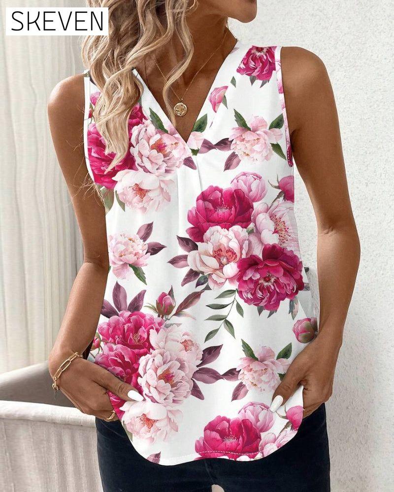 Ärmellose Bluse mit Rosenmuster und V-Ausschnitt