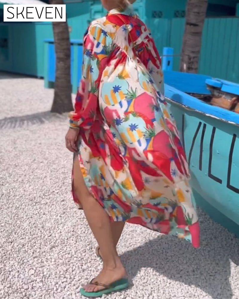 Printed lapel long sleeve dress