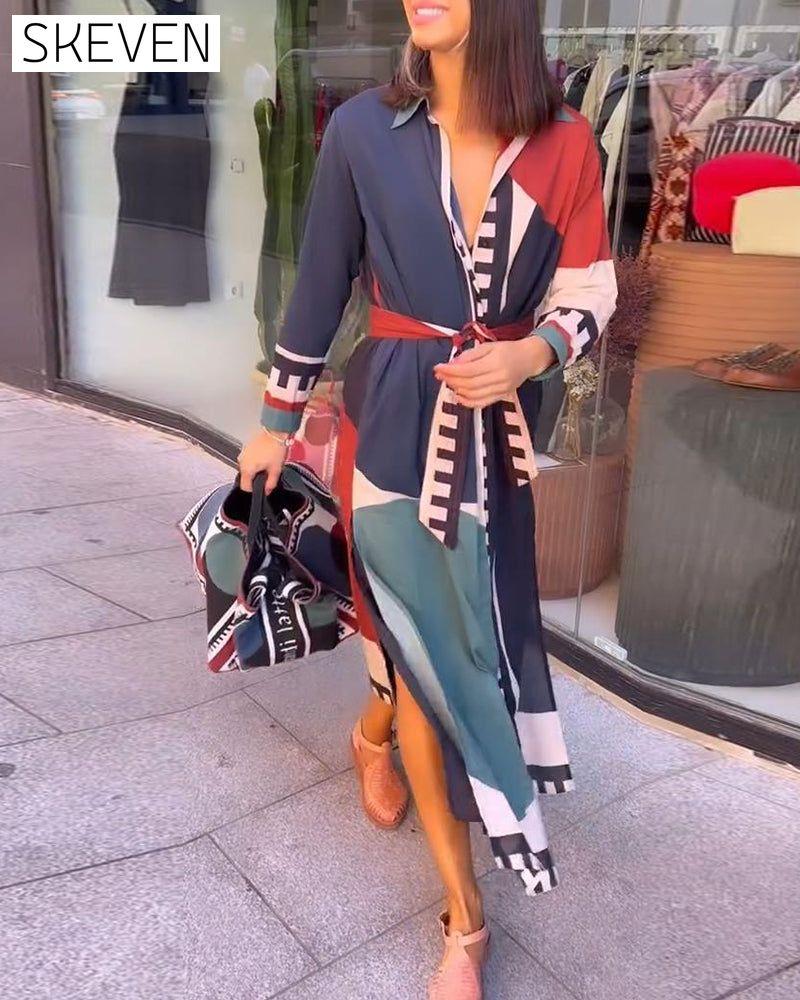 robe décontractée à revers lacé et imprimé color block