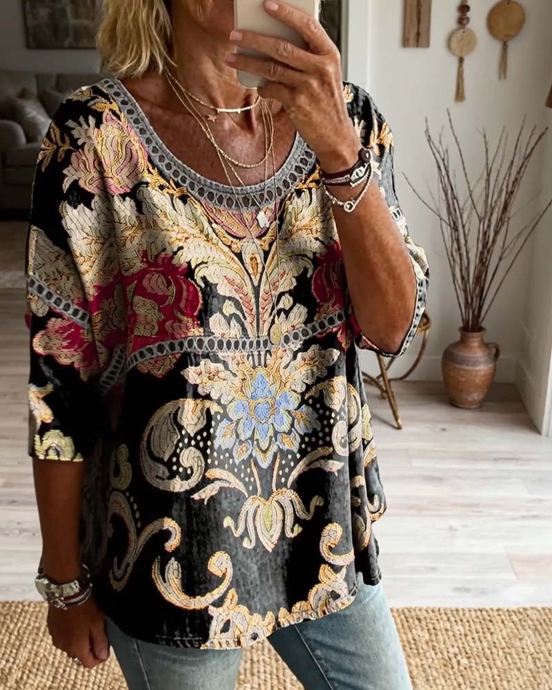 Bohemian Openwork Printed Blouse