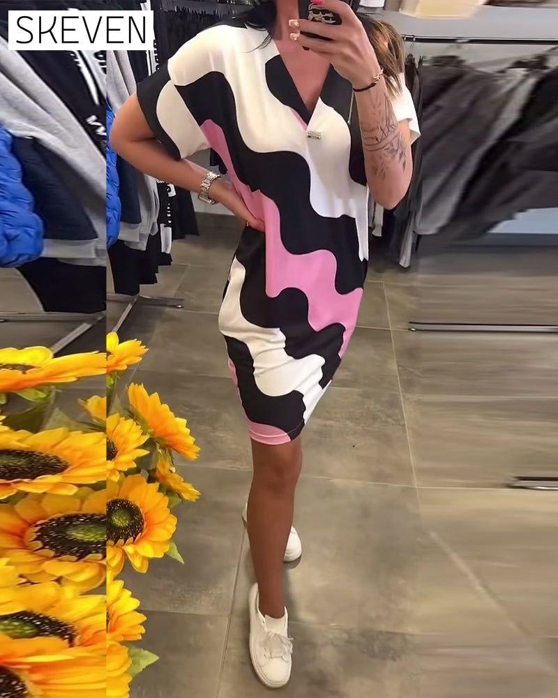V-Neck Wave Print Dress